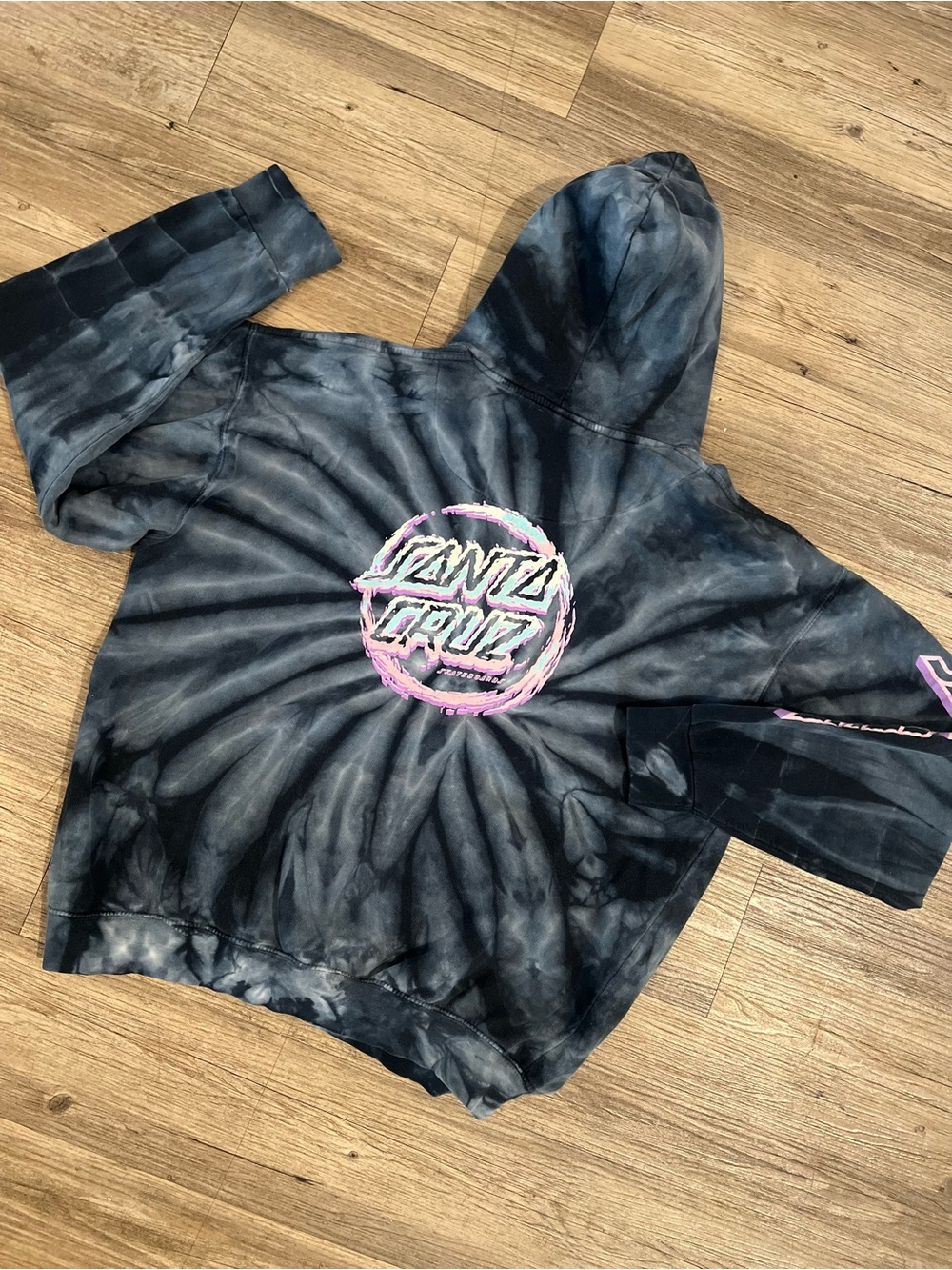 Santa Cruz Hoodie Size Large Black Tie-Dye Neon Graphic Logo Skater Grunge